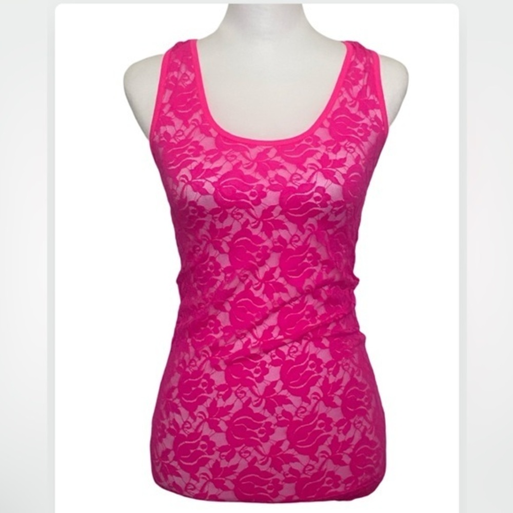 NEW Neon Hot Pink Lace Sheer Floral Racerback Tank Top